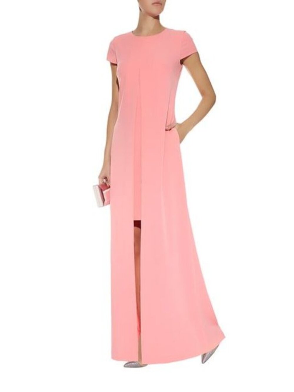 ST JOHN Couture 16 PASTEL PINK CREPE COLUMN GOWN Walk-Through Skirt Maxi Dress